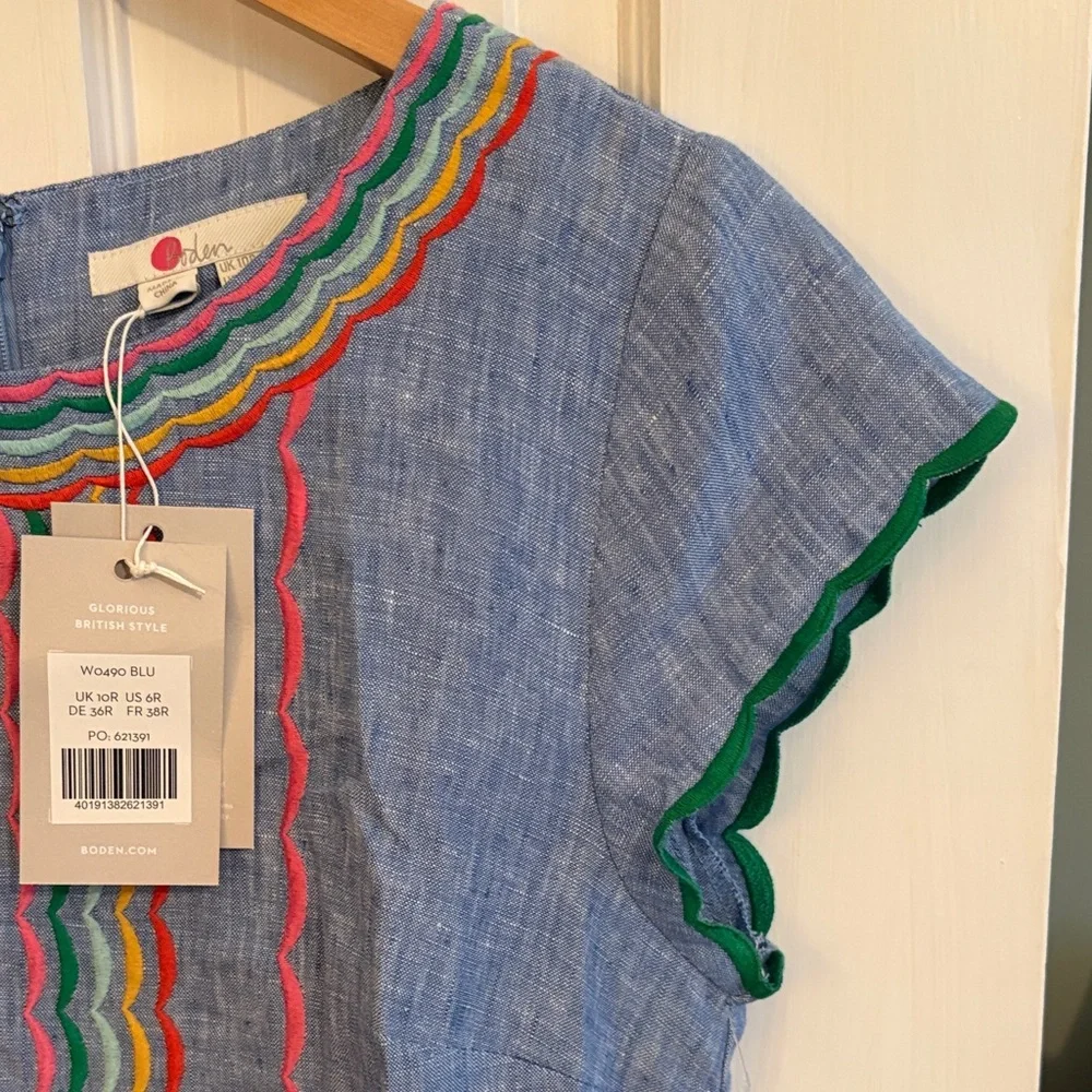 Boden Light Blue Embroidered Scallop-Trim Mini Dress - Picture 4 of 5